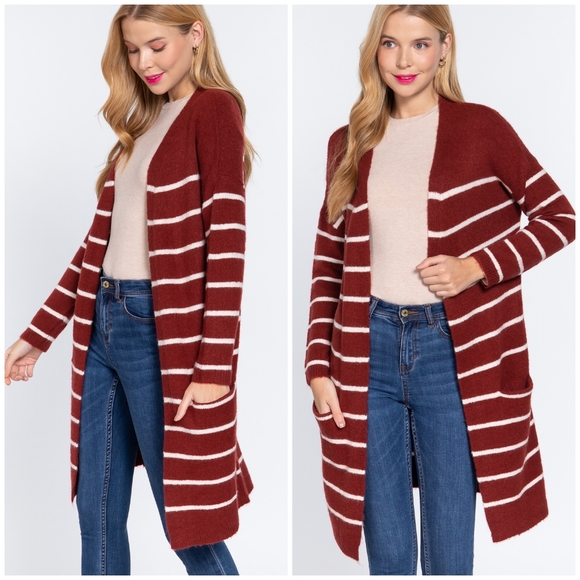 FEW LEFT❗️Cozy Chic Burgundy Striped Long Open Cardigan - Picture 4 of 8